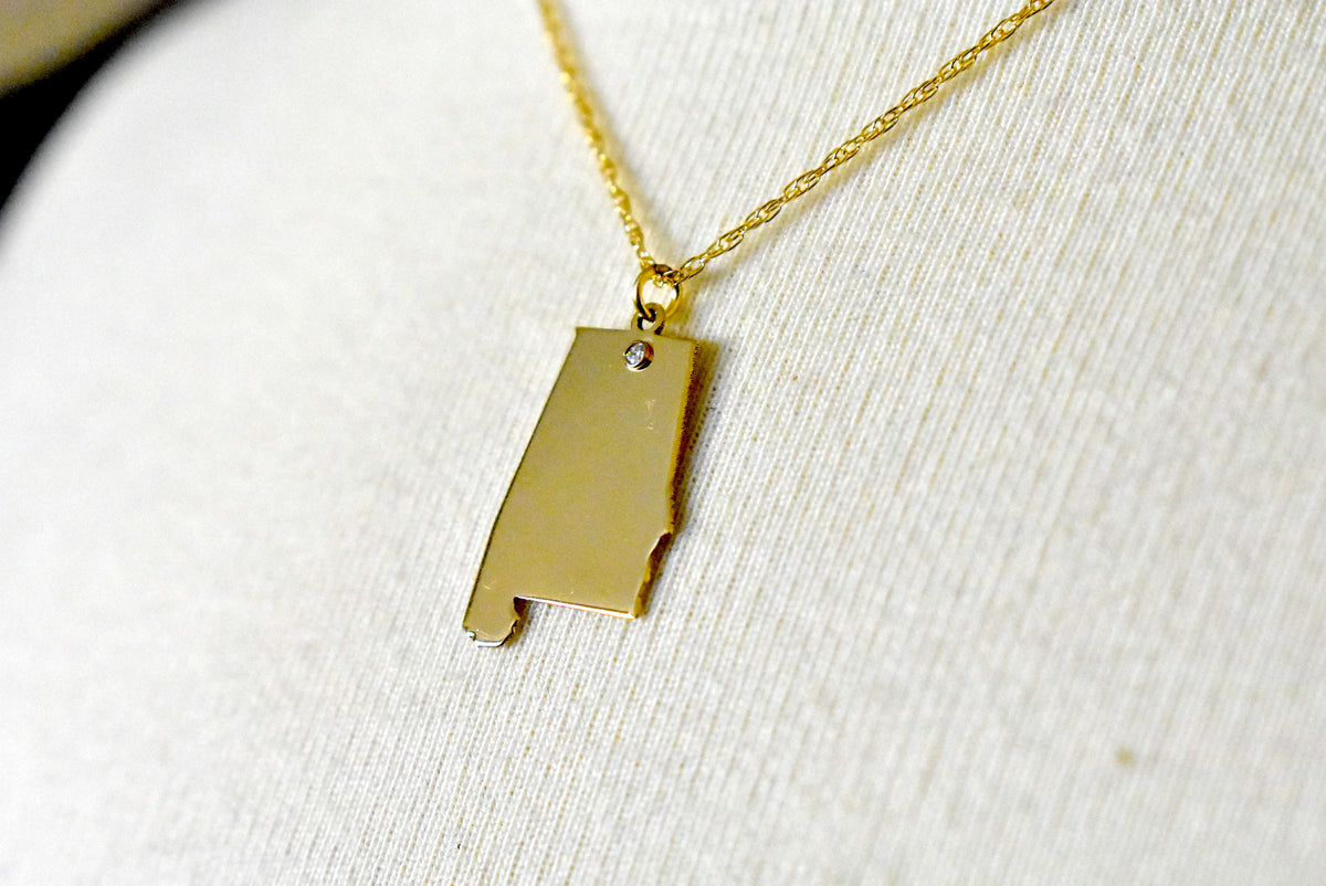 14k 10k yellow rose white gold diamond silver alabama al state map personalized city necklace