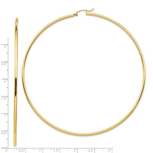14K Yellow Gold 3.75 inches Diameter Extra Large Giant Gigantic Round Classic Hoop Earrings 95mm x 2mm Lightweight