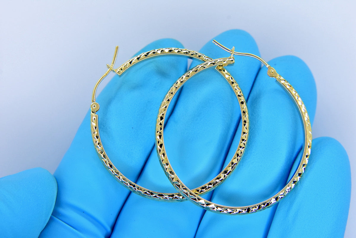 14k yellow gold diamond cut round hoop earrings 37mm x 2.5mm