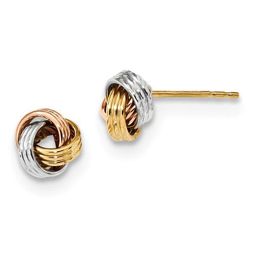 14k gold tri color 8mm love knot post earrings