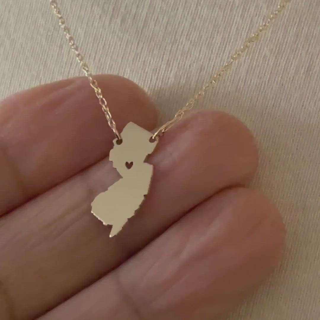 14k Gold 10k Gold Silver New Jersey NJ State Map Necklace Heart Personalized City