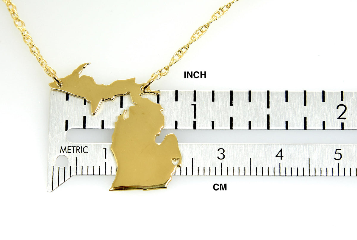 14k gold 10k gold silver michigan mi state map necklace heart personalized city