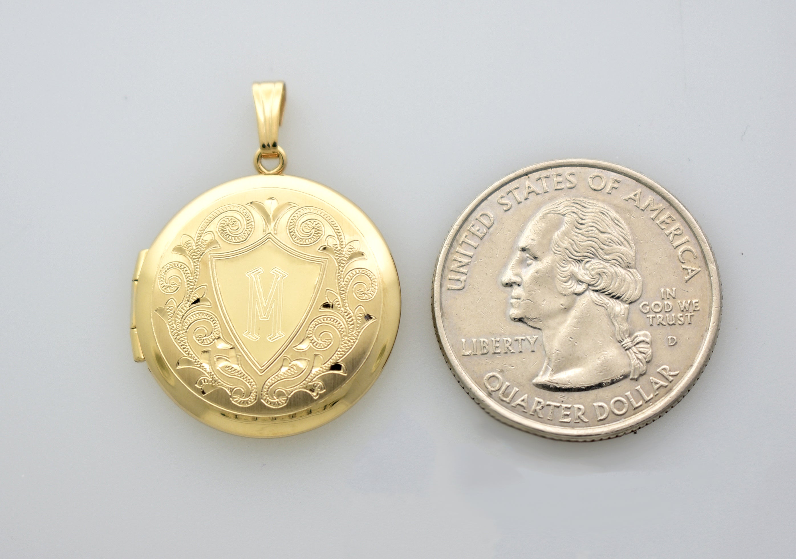 14k Yellow Gold 23mm Round Shield Locket Pendant Charm Engraved Personalized Monogram