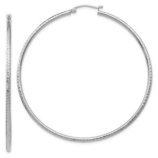 14k white gold diamond cut round hoop earrings 60mm x 2mm