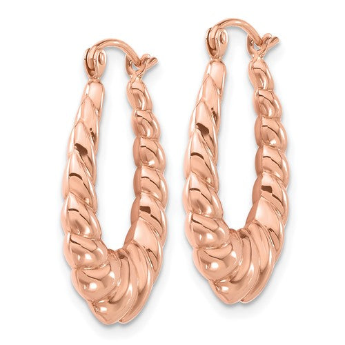 14K Rose Gold Shrimp Scalloped Twisted Hollow Classic Hoop Earrings 17mm