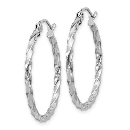 14k white gold twisted modern classic round hoop earrings 25mm x 2mm