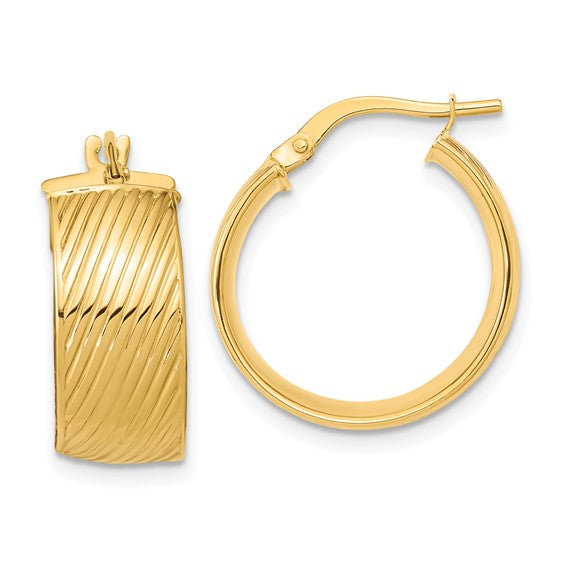 14k yellow gold textured modern contemporary round hoop earrings