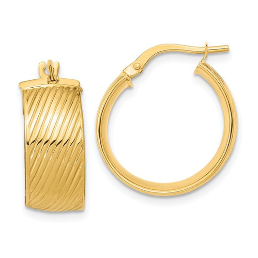 14k yellow gold textured modern contemporary round hoop earrings