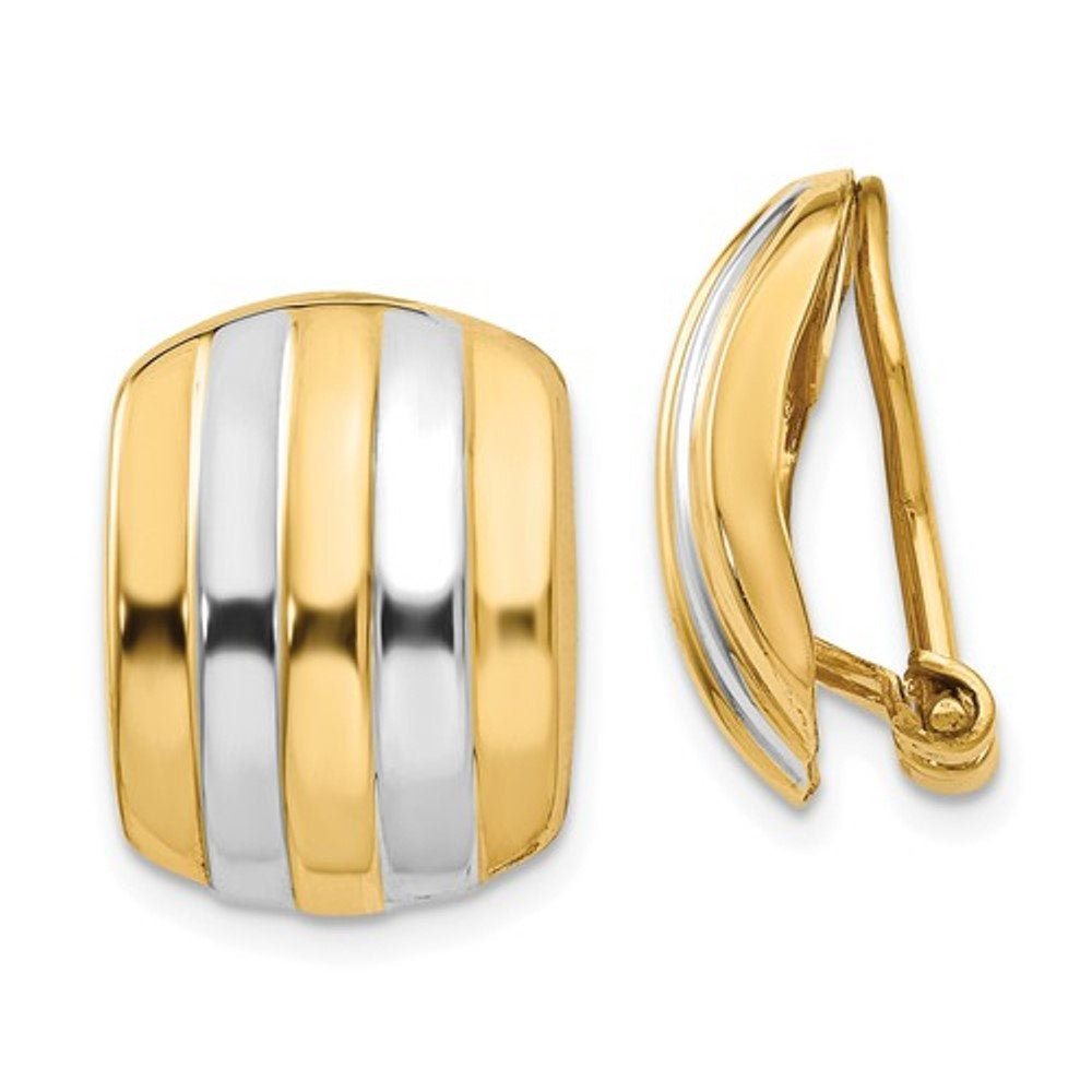 14k yellow gold rhodium two tone non pierced clip on huggie hoop earrings