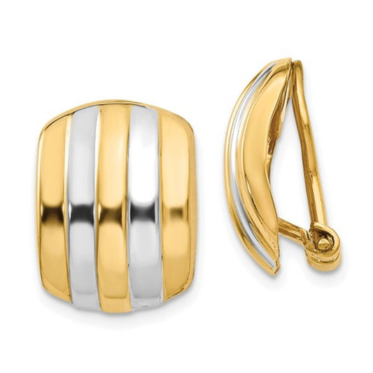 14k yellow gold rhodium two tone non pierced clip on huggie hoop earrings