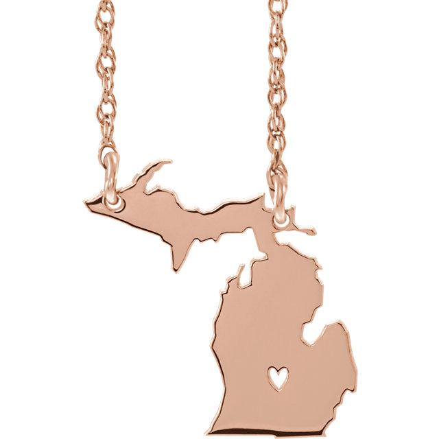 14k gold 10k gold silver michigan mi state map necklace heart personalized city