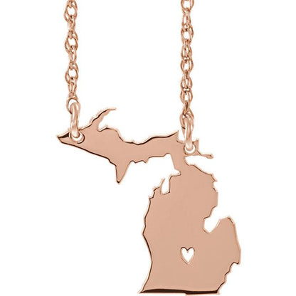 14k gold 10k gold silver michigan mi state map necklace heart personalized city