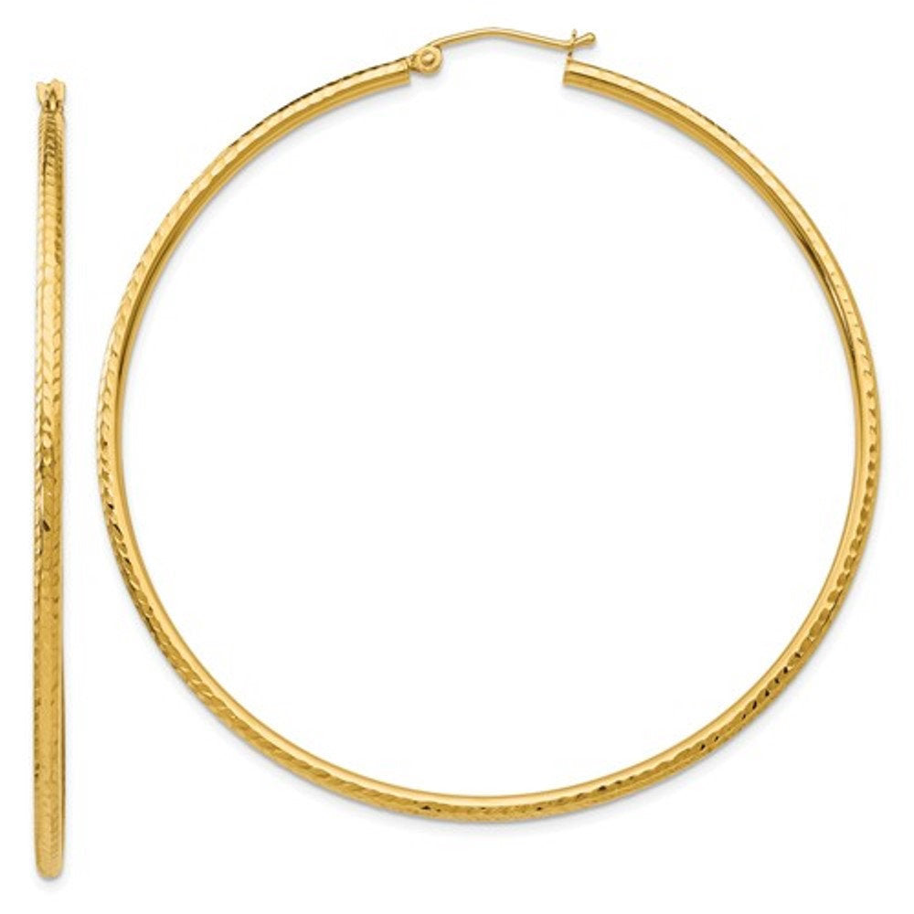 14k yellow gold diamond cut classic round hoop earrings 60mm x 2mm