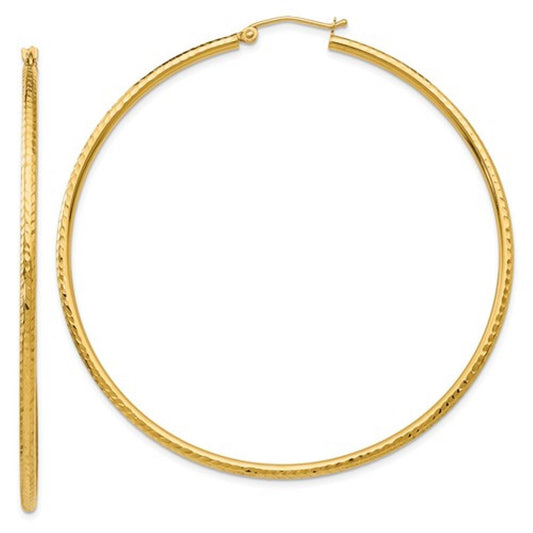 14k yellow gold diamond cut classic round hoop earrings 60mm x 2mm