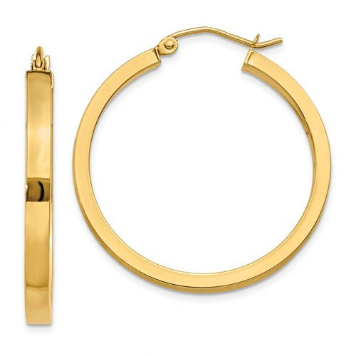 14k yellow gold square tube round hoop earrings 30mm x 3mm