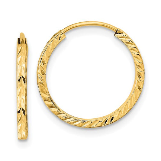 14k yellow gold diamond cut square tube round endless hoop earrings 17mm x 1.35mm