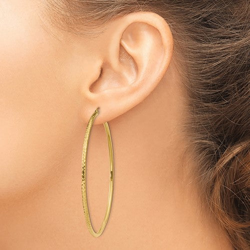 14k Yellow Gold Diamond Cut Classic Round Hoop Earrings 60mm x 2mm