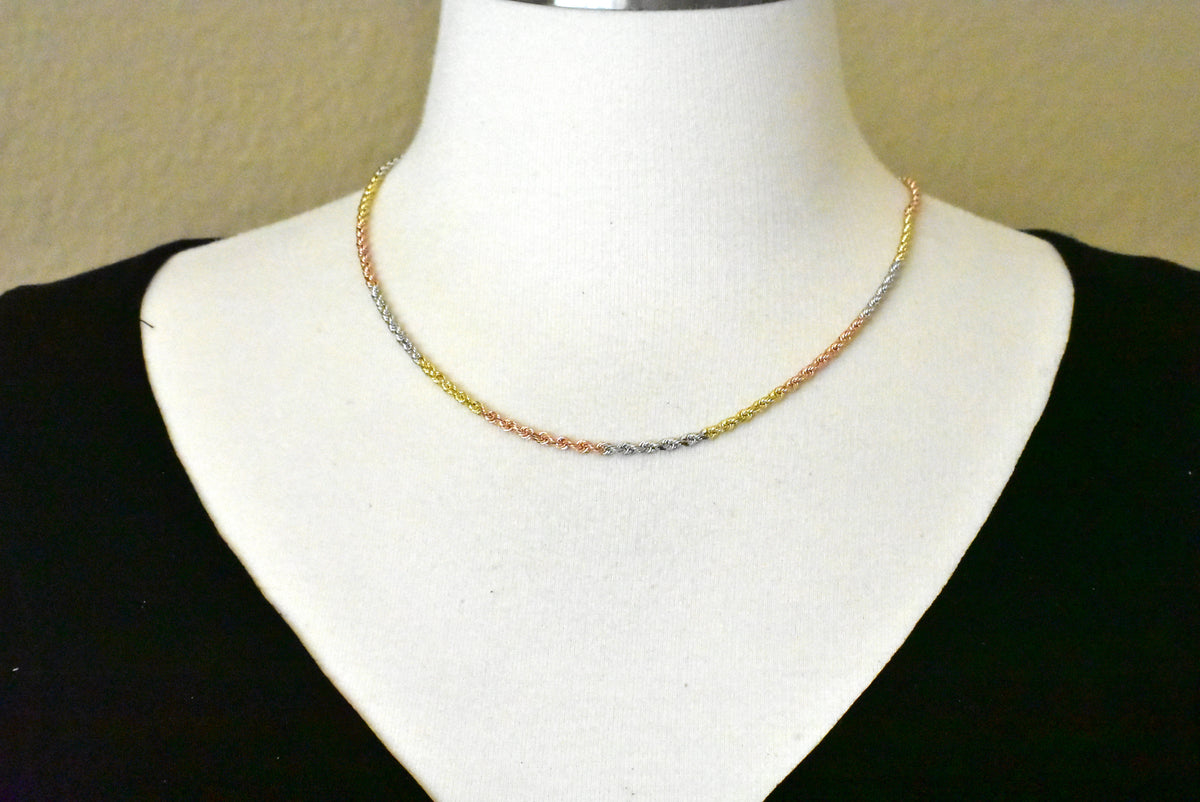 14k yellow white rose gold tri color 3mm diamond cut rope bracelet anklet choker necklace chain