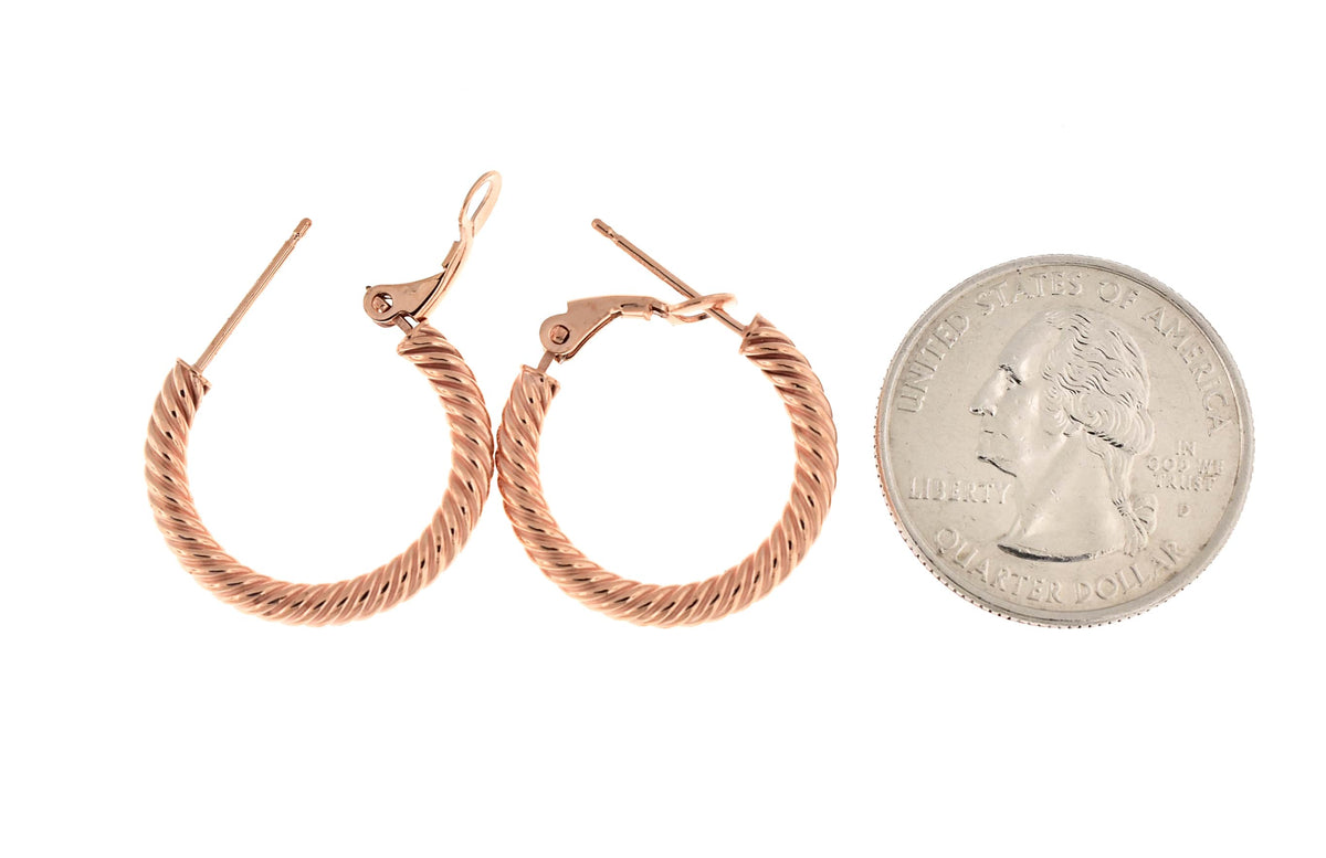 14k rose gold twisted round omega back hoop earrings 20mm x 3mm