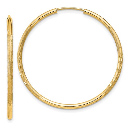 14k yellow gold satin diamond cut endless round hoop earrings 30mm x 1.5mm