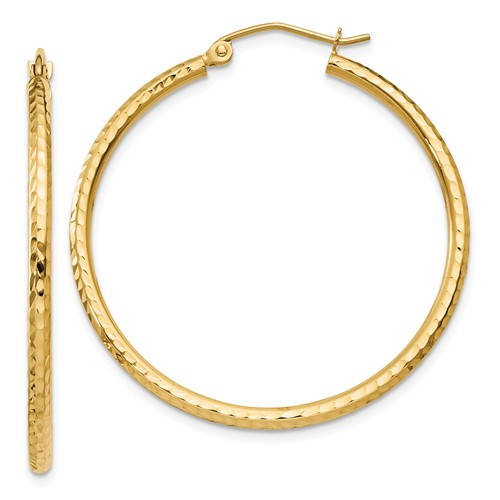 14k yellow gold diamond cut classic round hoop earrings 35mm x 2mm