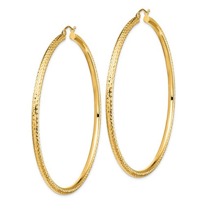 14k yellow gold 2.76 inch extra large giant gigantic diamond cut round classic hoop earrings lightweight 70mm x 3mm