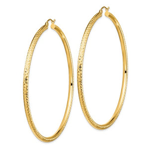 14K Yellow Gold 2.76 inch Extra Large Giant Gigantic Diamond Cut Round Classic Hoop Earrings Lightweight 70mm x 3mm