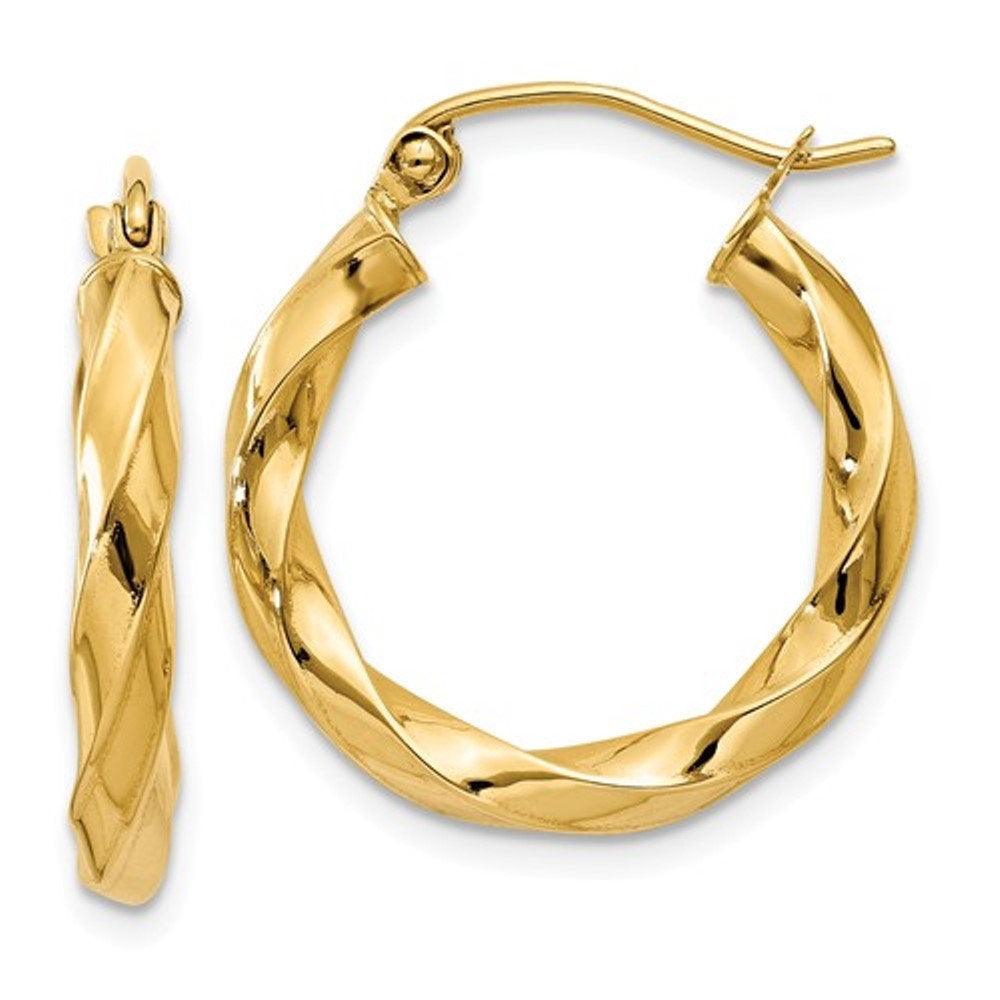 14k yellow gold twisted modern classic round hoop earrings 19mm x 3mm