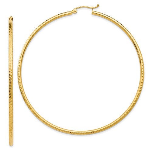 14k yellow gold diamond cut classic round hoop earrings 65mm x 2mm