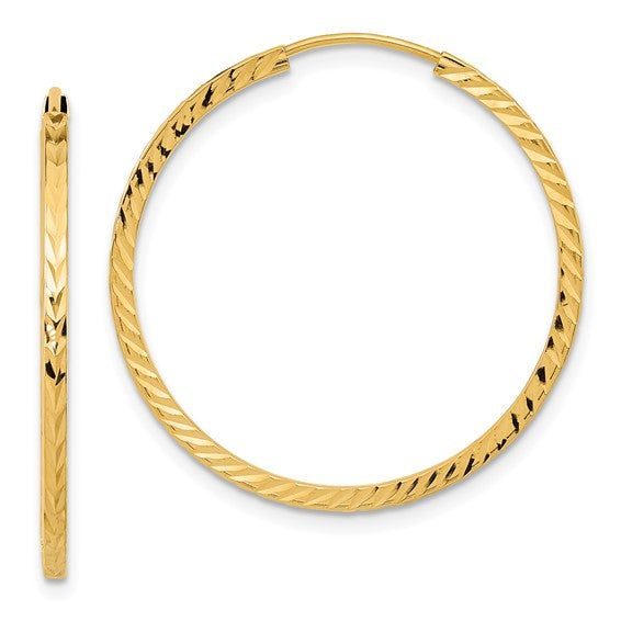 14k yellow gold diamond cut square tube round endless hoop earrings 29mm x 1.35mm