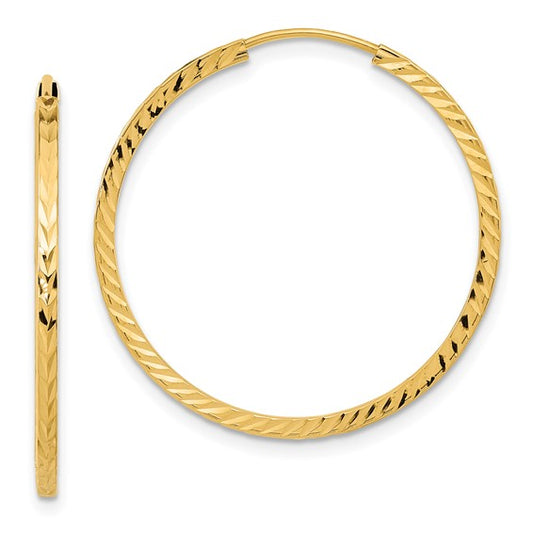 14k yellow gold diamond cut square tube round endless hoop earrings 29mm x 1.35mm