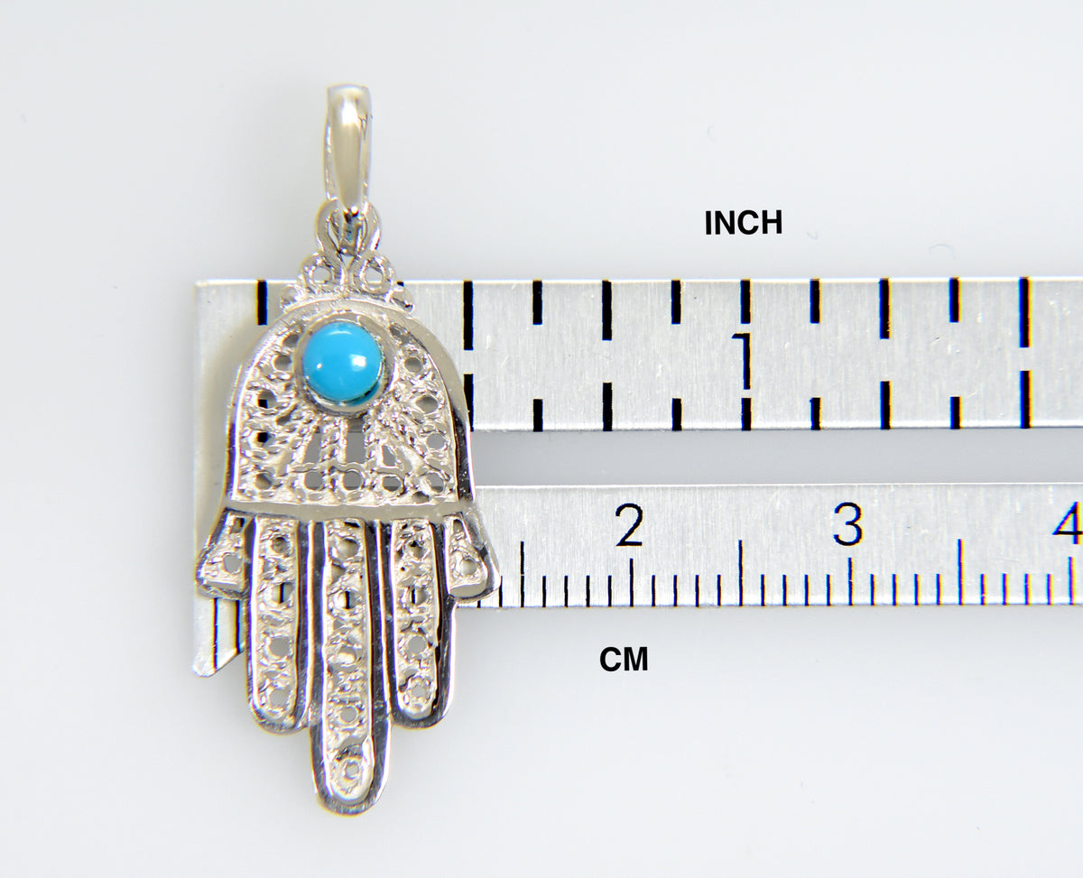 14k white gold turquoise hand of god hamsa chamseh pendant charm