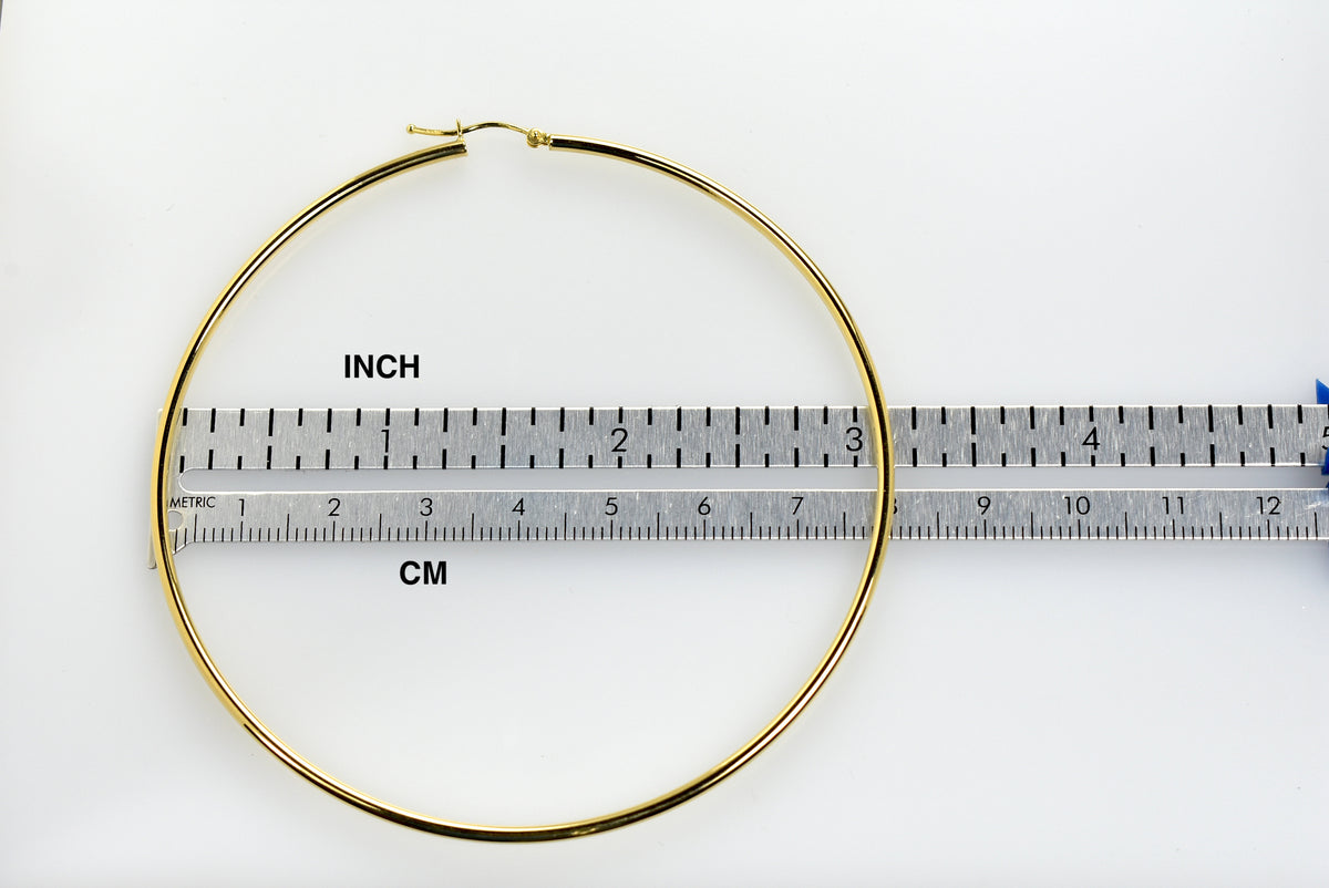 14k yellow gold extra large diameter 80mm x 2mm classic round hoop earrings 3.15 inches giant size super wide
