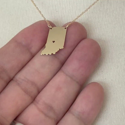 14k Gold 10k Gold Silver Indiana State Map Necklace Heart Personalized City
