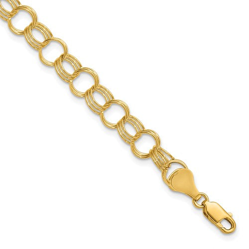 14K Solid Yellow Gold 7mm Triple Link Charm Bracelet Chain Lobster Clasp