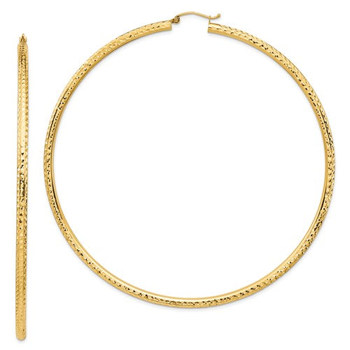 14k yellow gold 3.35 inch diameter extra large giant gigantic diamond cut round classic hoop earrings lightweight 85mm x 3mm