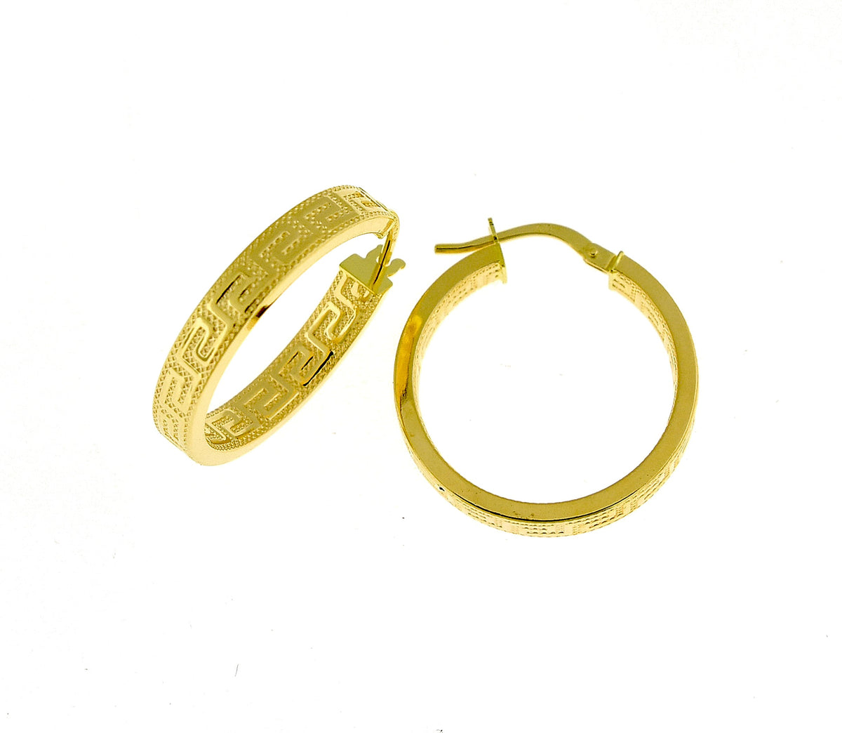 14k yellow gold greek key square tube round hoop earrings
