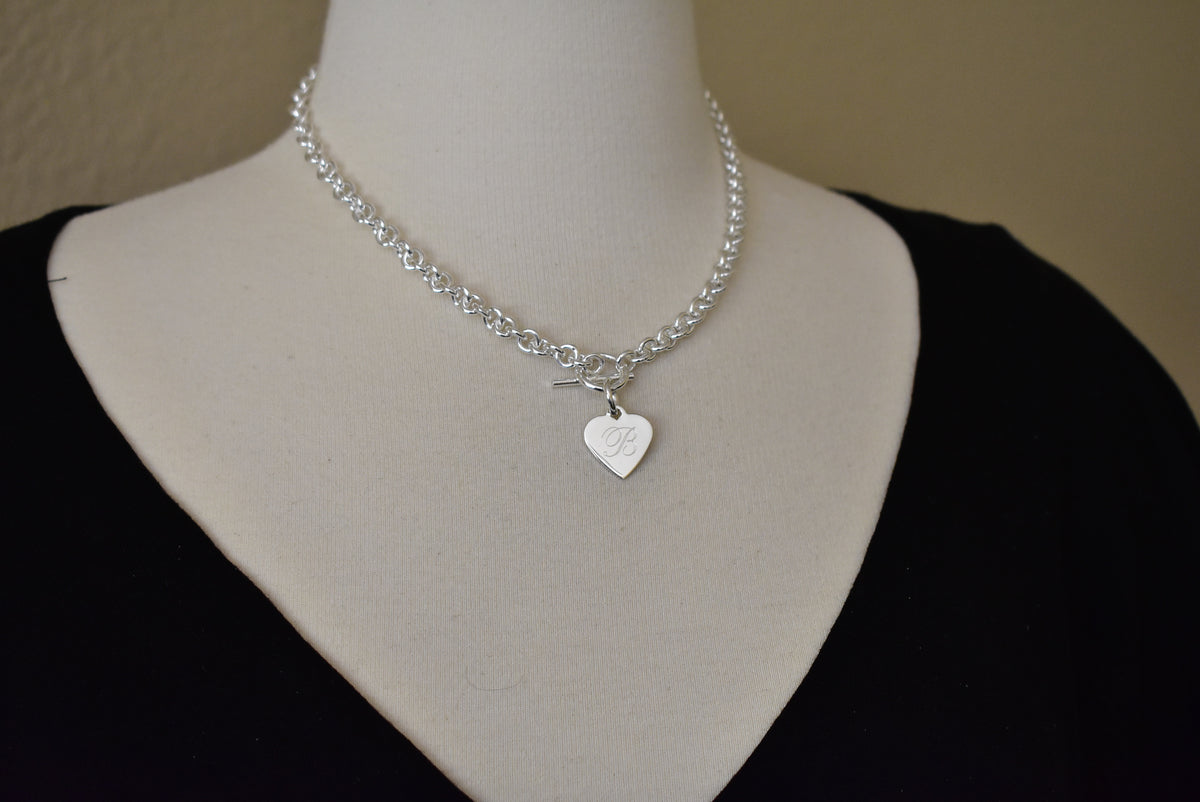 sterling silver heavyweight heart tag charm toggle necklace or bracelet custom engraved personalized monogram