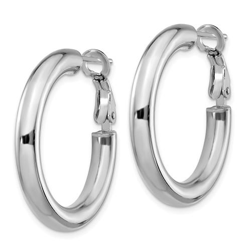 14k white gold round omega back hoop earrings 28mm x 4mm