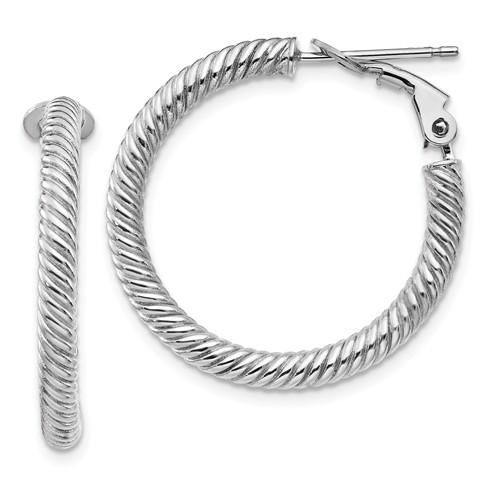 14k white gold twisted round omega back hoop earrings 25mm x 3mm