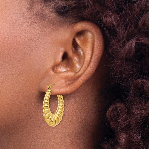 10k yellow gold shrimp scalloped twisted classic hoop earrings 30mm x 23mm