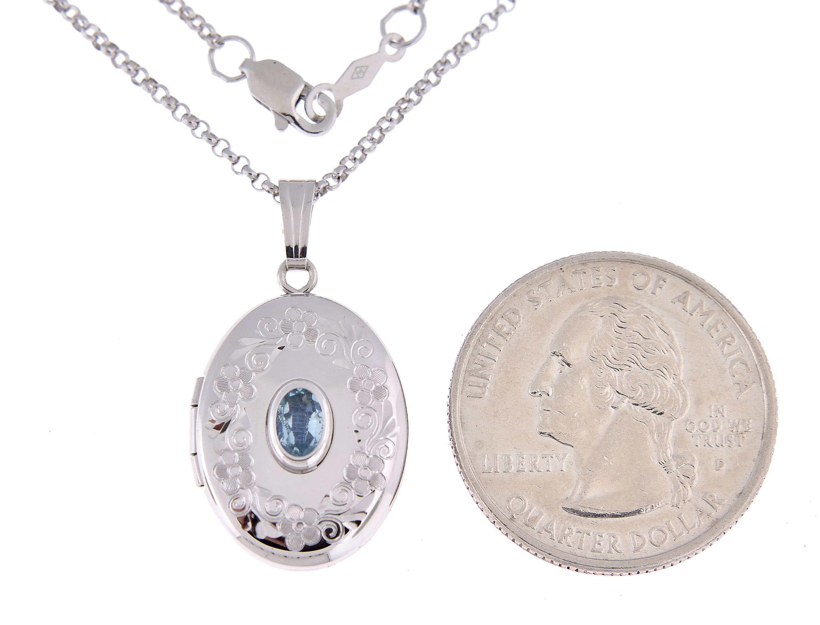 Sterling Silver Genuine Aquamarine Oval Locket Necklace March Birthstone Personalized Engraved Monogram