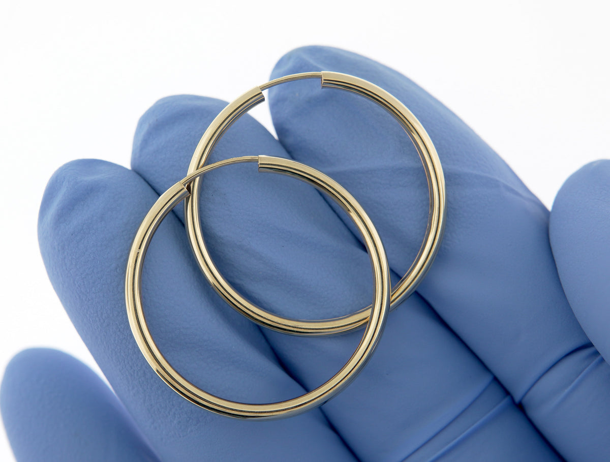 14k yellow gold round endless hoop earrings 30mm x 2mm