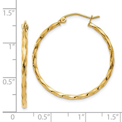 14k yellow gold twisted modern classic round hoop earrings 30mm x 2mm