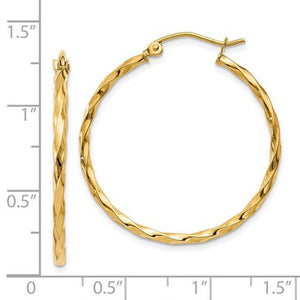 14K Yellow Gold Twisted Modern Classic Round Hoop Earrings 30mm x 2mm
