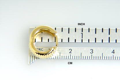 14k yellow gold textured huggie hinged hoop earrings 15mm x 15mm x 7mm