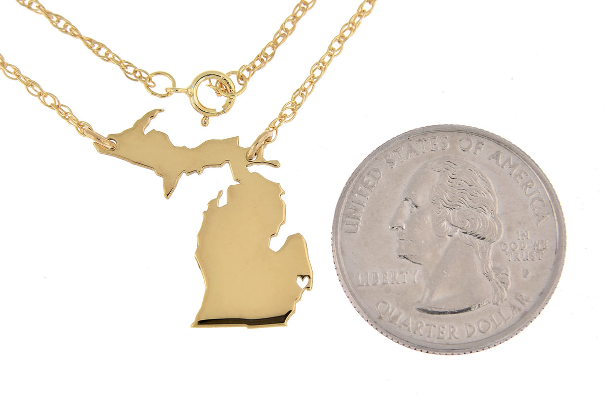 14k gold 10k gold silver michigan mi state map necklace heart personalized city