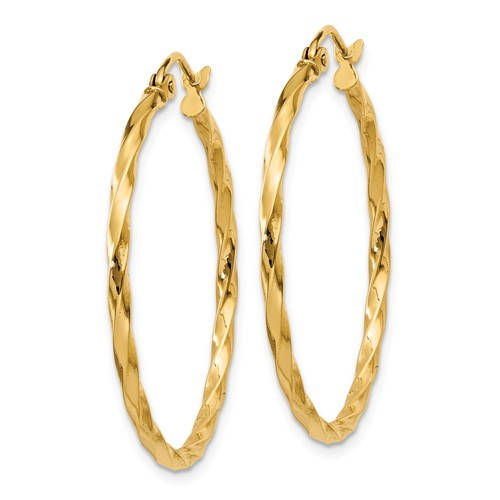 14k yellow gold twisted modern classic round hoop earrings 30mm x 2mm