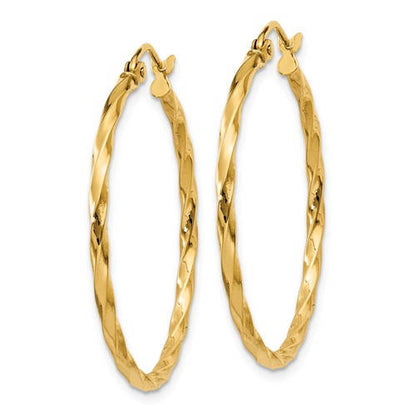 14k yellow gold twisted modern classic round hoop earrings 30mm x 2mm