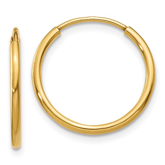 14k yellow gold round endless hoop earrings 15mm x 1.25mm